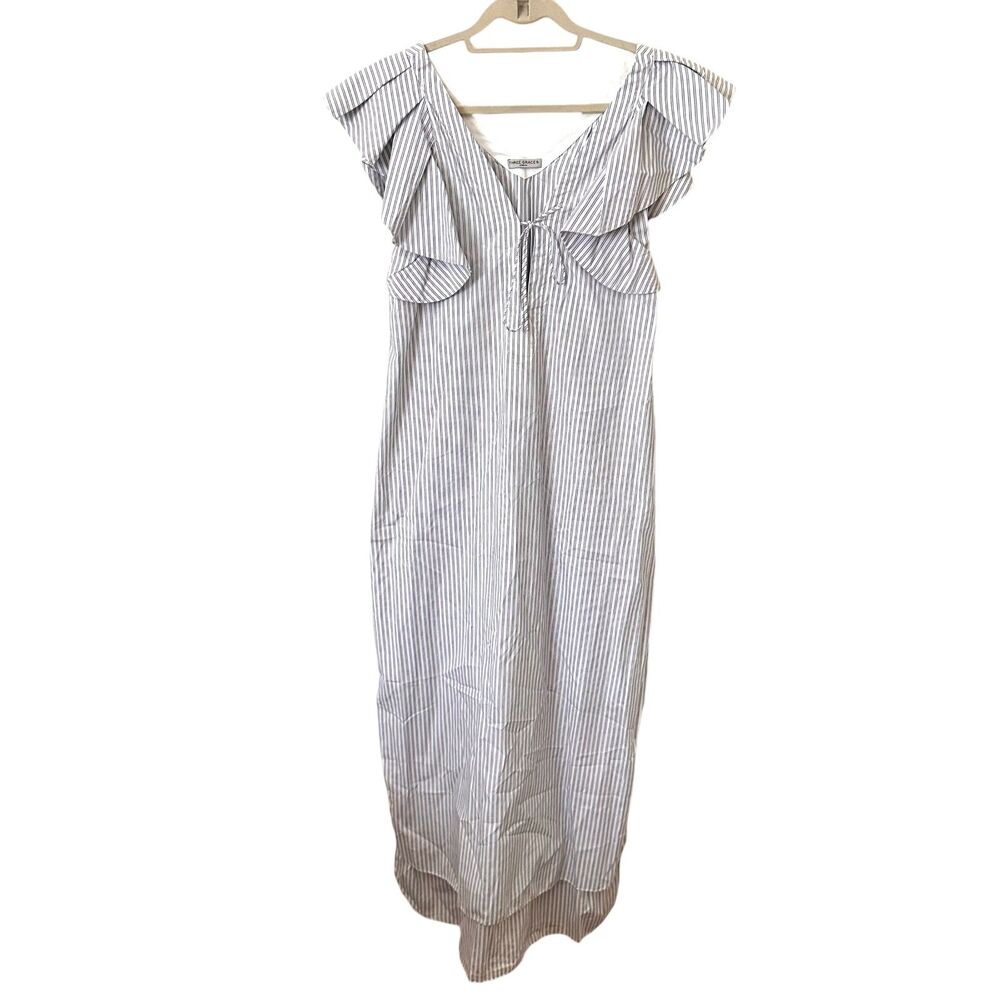 THREE GRACES‎ LONDON Striped Ruffle Midi Dress Sz 10 (US 6)